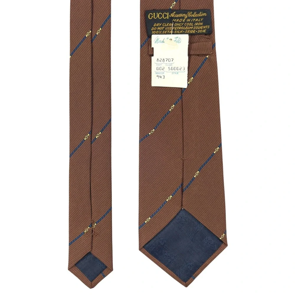 Vintage 80s Gucci Silk Necktie Brown Blue Horsebit GG Logo Equestrian Italy NWT
